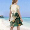 Girls Round Neck Short Sleeve Black Blue Floral Tree Printed A Line Flared Dress