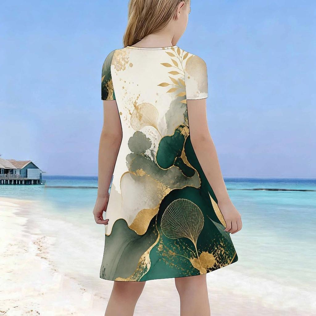 Girls Round Neck Short Sleeve Black Blue Floral Tree Printed A Line Flared Dress