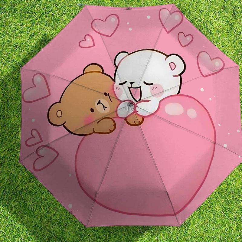 1pc Bear Heart Automatic Folding Umbrella 8 Rib Iron Frame, Compact Portable Umbrella Suitable for Travel, Daily Use, Birthday, Women & Men Gift 058