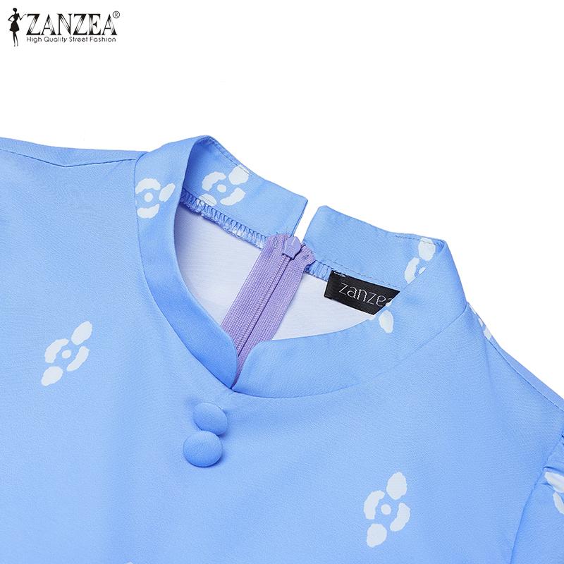 ZANZEA Women Summer Stand Collar Short Sleeve Casual Print Dress