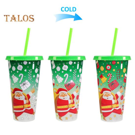 710ML Christmas Color Changing Cups with Lids Straws Reusable Food-Grade Santa Claus Design Cups for Adults Kids Prevents Straw Slipping Leak-Proof