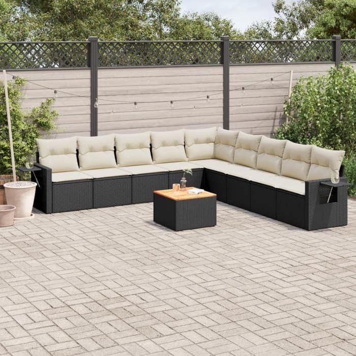 VidaXL Salon de Jardin avec Coussins 10 pcs, Canapés de Terrasse, Ensemble de Meubles de Patio, Mobilier d'Extérieur, Noir 3256938
