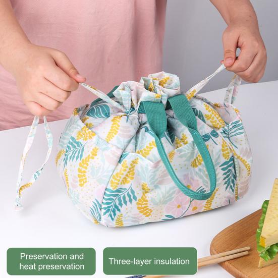 Insulated Lunch Bag Large Capacity Portable Office Beach Picnic Storage Bag Leak-proof Leaf Print Thermal Cooler Pouch Drawstring Handbag