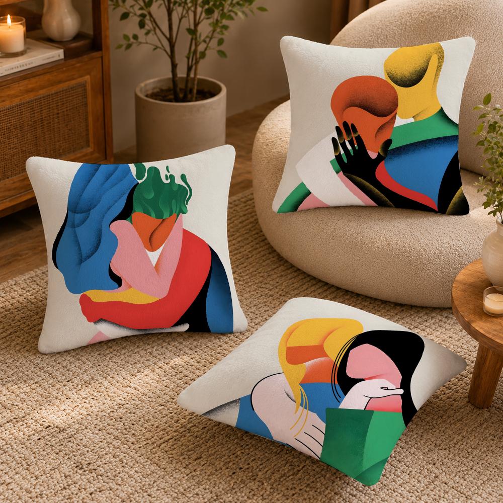 Abstract art color lines hug Cushion Cover Anti-dustmite Pillowcase Invisible zipper silky short plush Sofa cushion cover