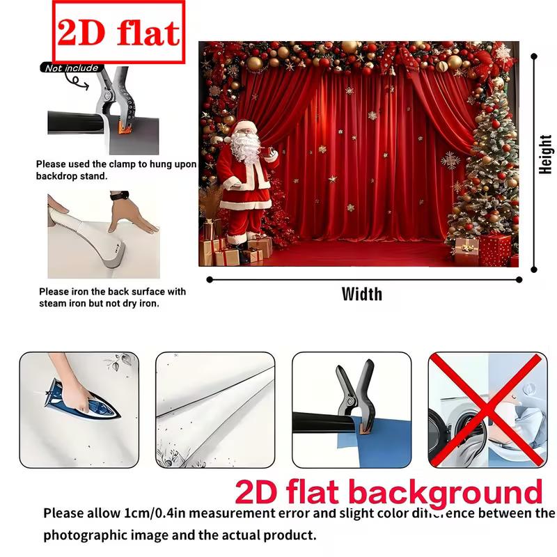 2D Christmas Red Curtain Backdrop Santa & Tree Party Photography Background