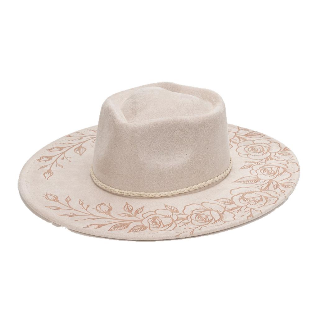 Source laser engraved suede top hat, rose pattern engraved woven fringed western cowboy hat
