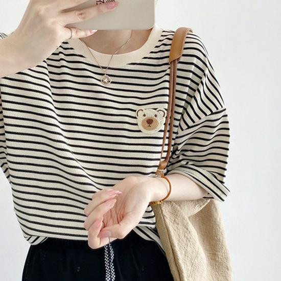 2025 College Style Striped Long-Sleeve Korean Round Neck Loose T-Shirt for Women