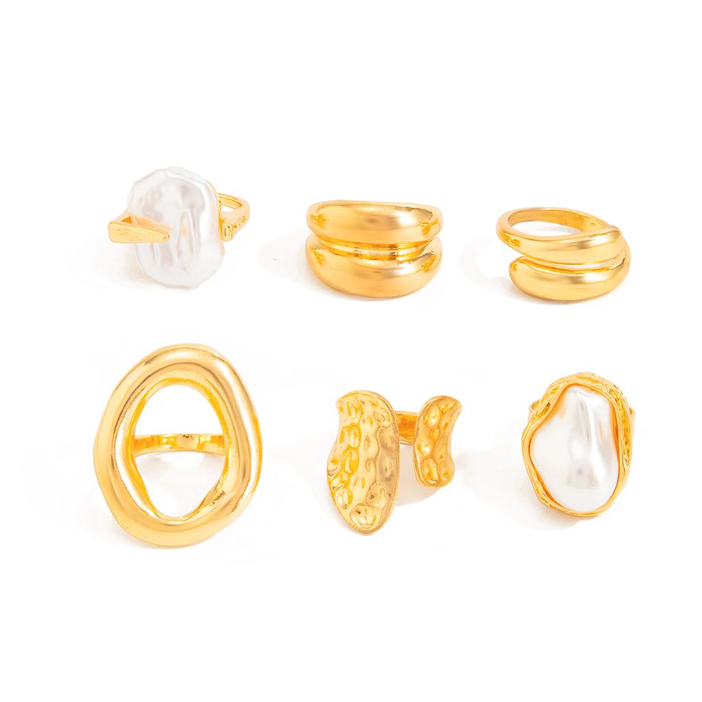Ingemark 6Pcs/Set Boho Imitation Pearls Metal Ring Women Trendy Punk Irregular Geometry Hollow Wide Knuckle Ring Set New Jewelry