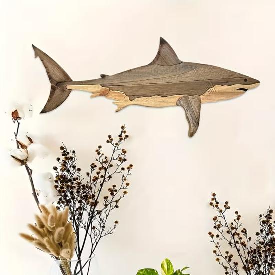 Rustikale Hai-Wanddekoration aus Holz, Meeresfisch-Wandskulptur für Schlafzimmer und Wohnzimmer