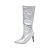 Black Silver Slouch Boots Women's Tall Boots Knee High Stiletto Soft PU Thin High Heels Shoes