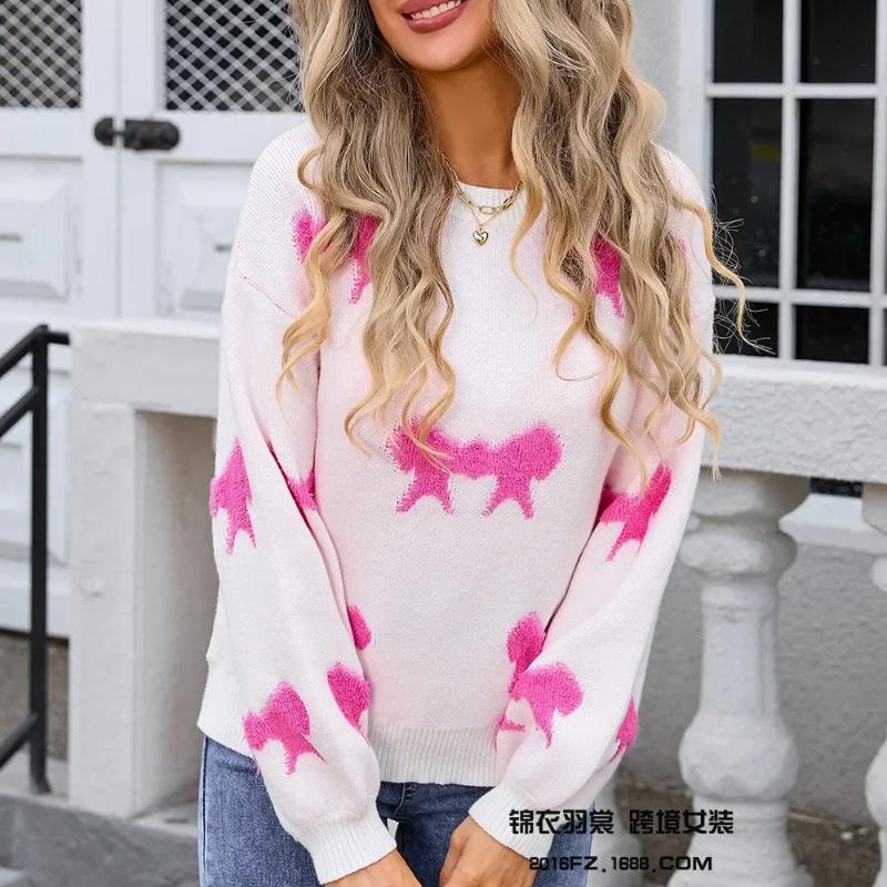 

Bow Pattern Knit Pullover Sweater, Women s Fashion Round Neck Long-sleeve Loose Casual Knit Sweater Top for Autumn and Winter XL розы красного