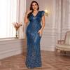 Plus-Size Dress, New European and American Style, Deep V-Neck Sequin Evening Gown, Elegant Slim-Fit Long Party Dress