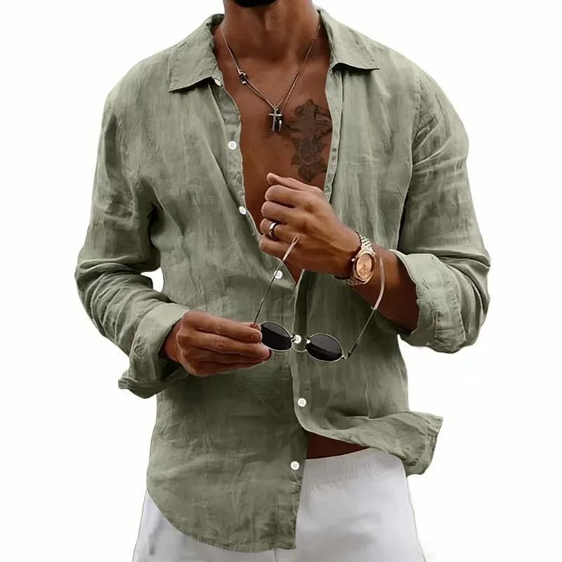 Spring Summer Men's Loose Casual Shirts Solid Color Lightweight Loose Lapel Cardigan-Style Linen Long-Sleeve Shirt