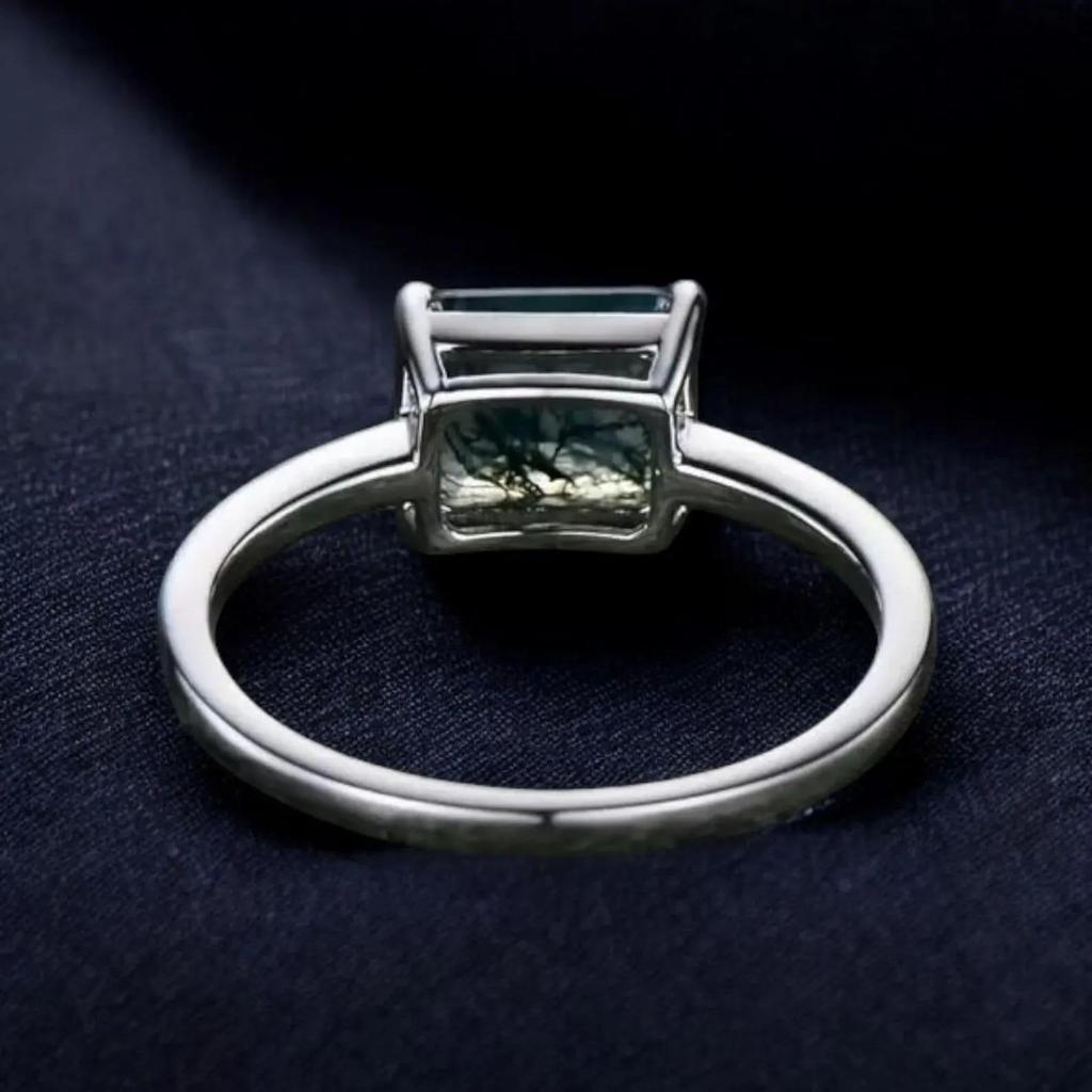 Emerald Cut Moss Agate Ring | 925 Sterling Silver Solitaire Ring for Women | Wedding, Engagement, Anniversary, Promise Gift