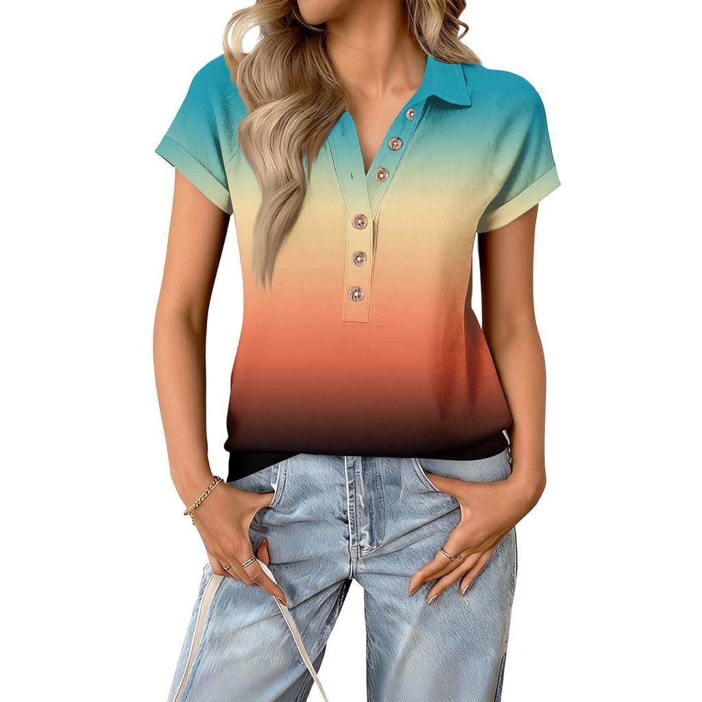 Damen modisches und lässiges Sommer V-Ausschnitt Patchwork Kurzarm Farbverlauf Top