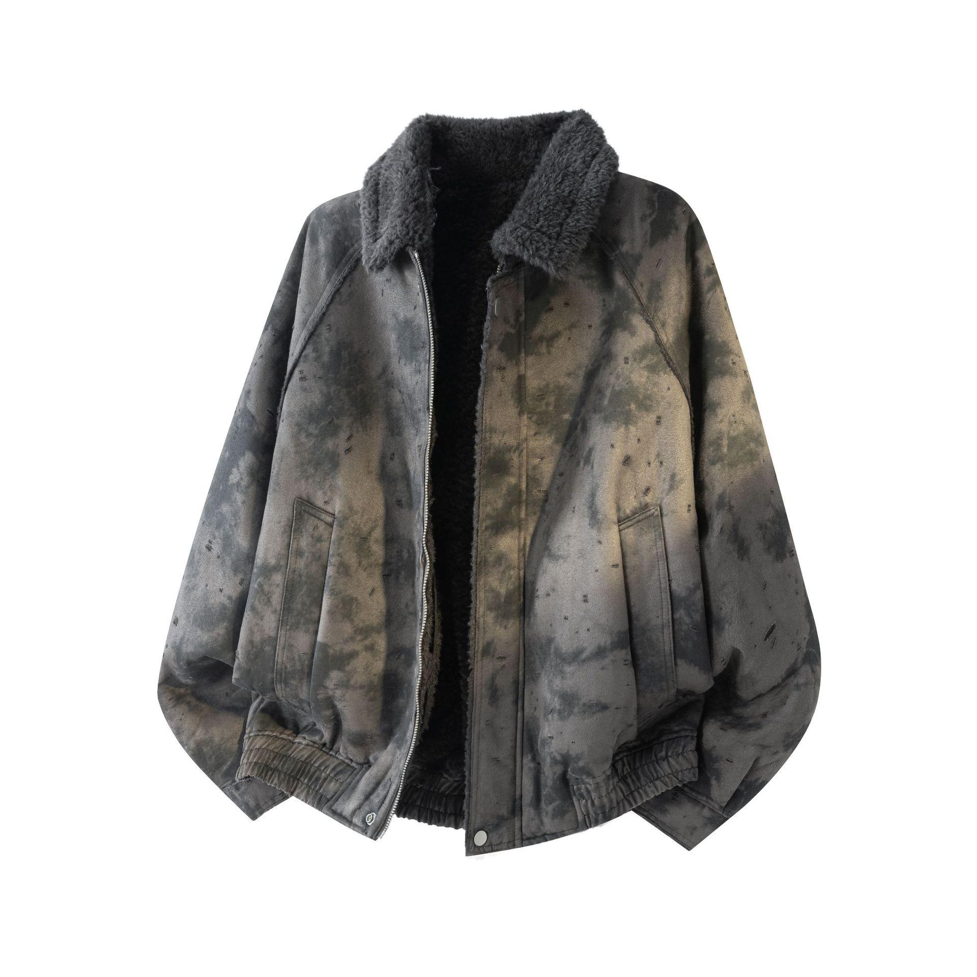 

American Retro Distressed Lambswool Lapel Bomber Cardigan: Trendy, Loose, Comfortable, Warm M