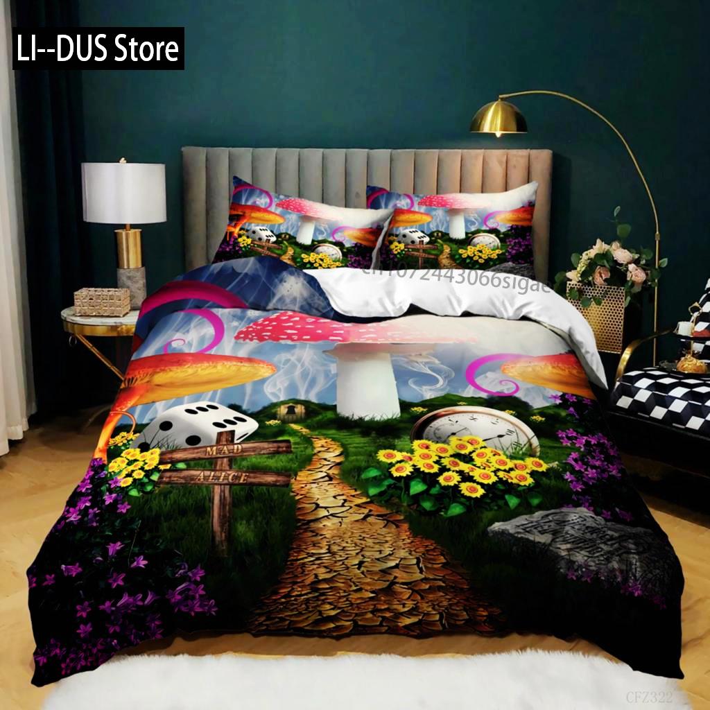 Mushroom Duvet Cover Set Queen Size Microfiber Mushrooms Ornate Doodles With Swirls Eyes Psychedelic Botany Bdding Set For Teens