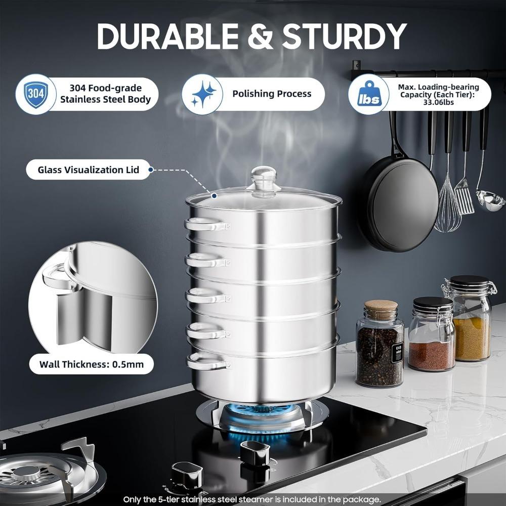 Steamer Pot 5 Tier Stainless Steel Steamer Pan Dumpling Steamer Large Steamer Cooking Pot with Vented Glass Lid for All Stoves