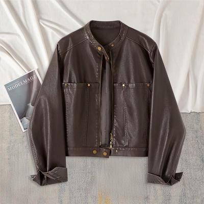 Damen Retro Patchwork PU Leder Kurze Stehkragenjacke