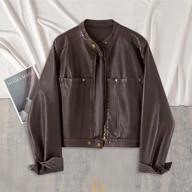 

Женская ретро куртка из искусственной кожи с коротким воротником-стойкой XL