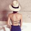 Women Strapless Bandeau Bras Sexy Cut Out  Tube Top Non-Padded Cross Back Lace Crop Bra Top
