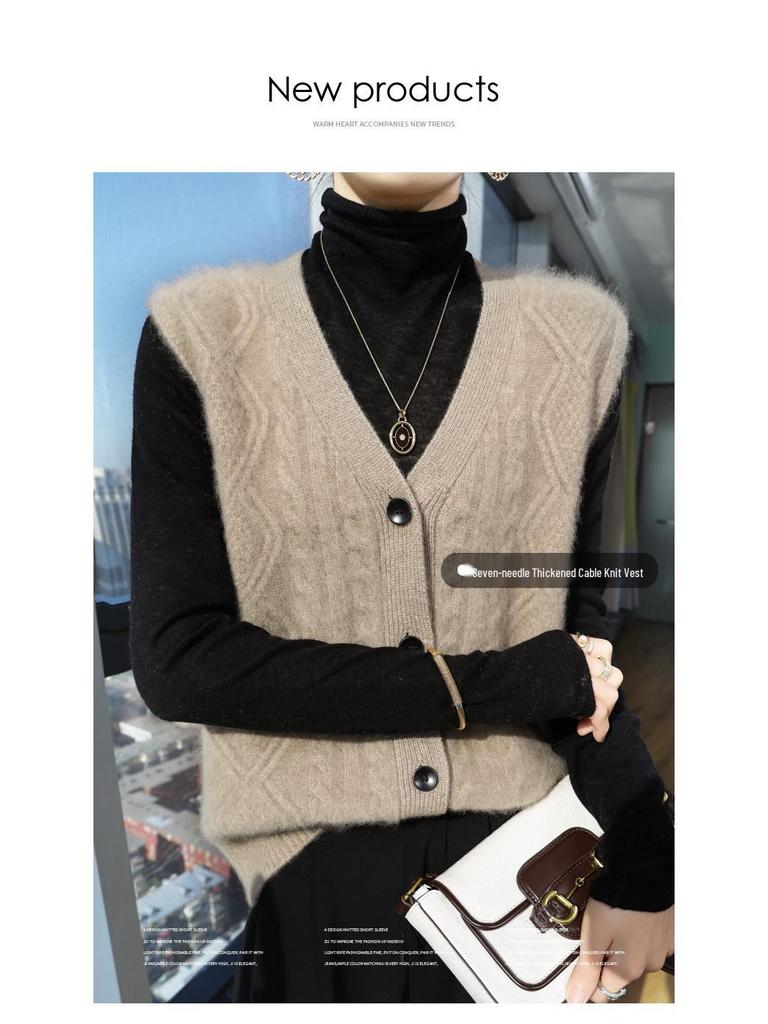 Dámská vlněná kardiganová vesta s výstřihem do V - Vrstvený pletený bezrukávý svrchní oděv s ramenními vycpávkami na podzim/zimu