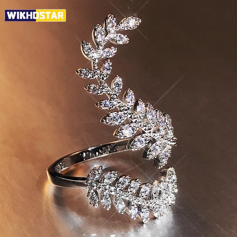 Graceful Leaves Both End of Open Ring Silver Color Girl Cocktail Party Rings Shine Crystal Zircon Fashion Women Jewelry