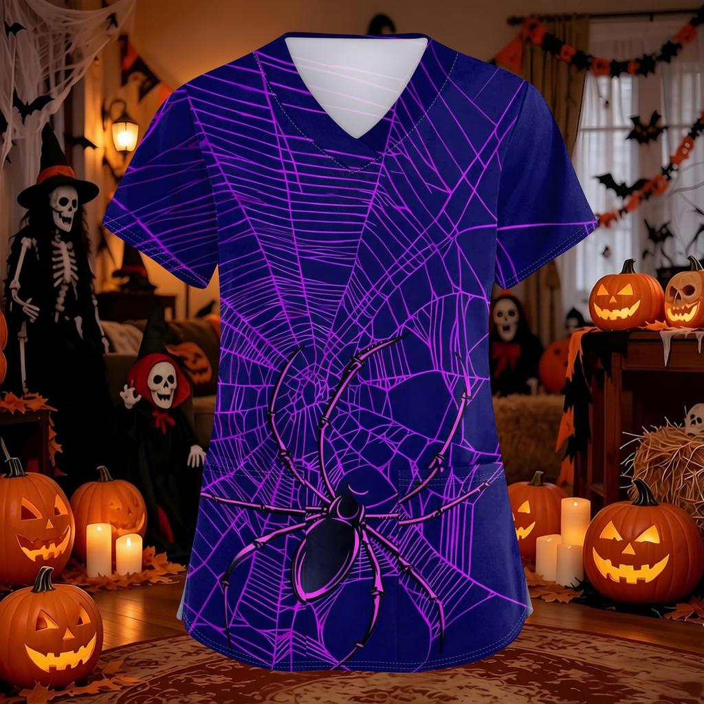 Women's Halloween Print Scrub Top with V-Neck and Pockets, Comfort Fit