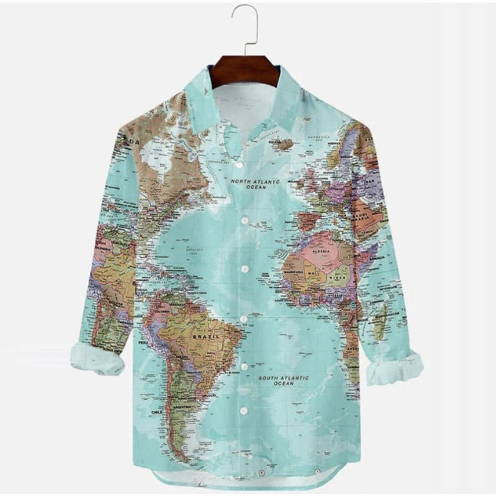Men's Map Printed Long Sleeve Shirts Casual Cardigan New Button Holiday Fashion Shirts