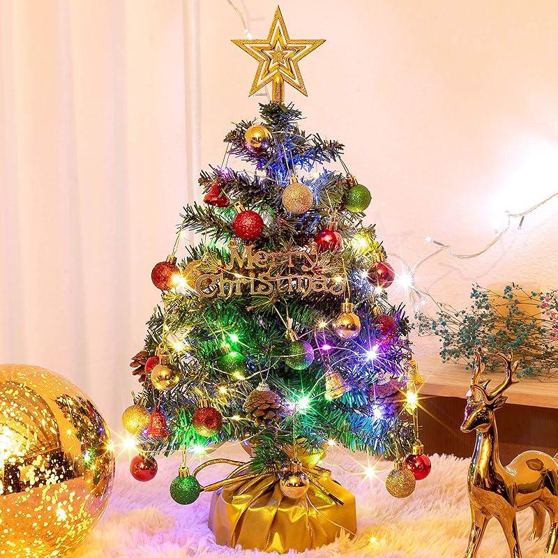 XmasExp 20in Mini Christmas Tree Artificial Small Christmas Tree with Lights,Star Treetop,Ornaments Balls,Bells and Pine Cones DIY Xmas Decorations