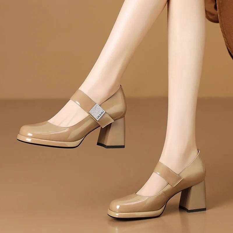 Fashion women fashion brown high quality pu leather buckle strap square heel shoes lady casual black comfort heel shoes zapatos ea475