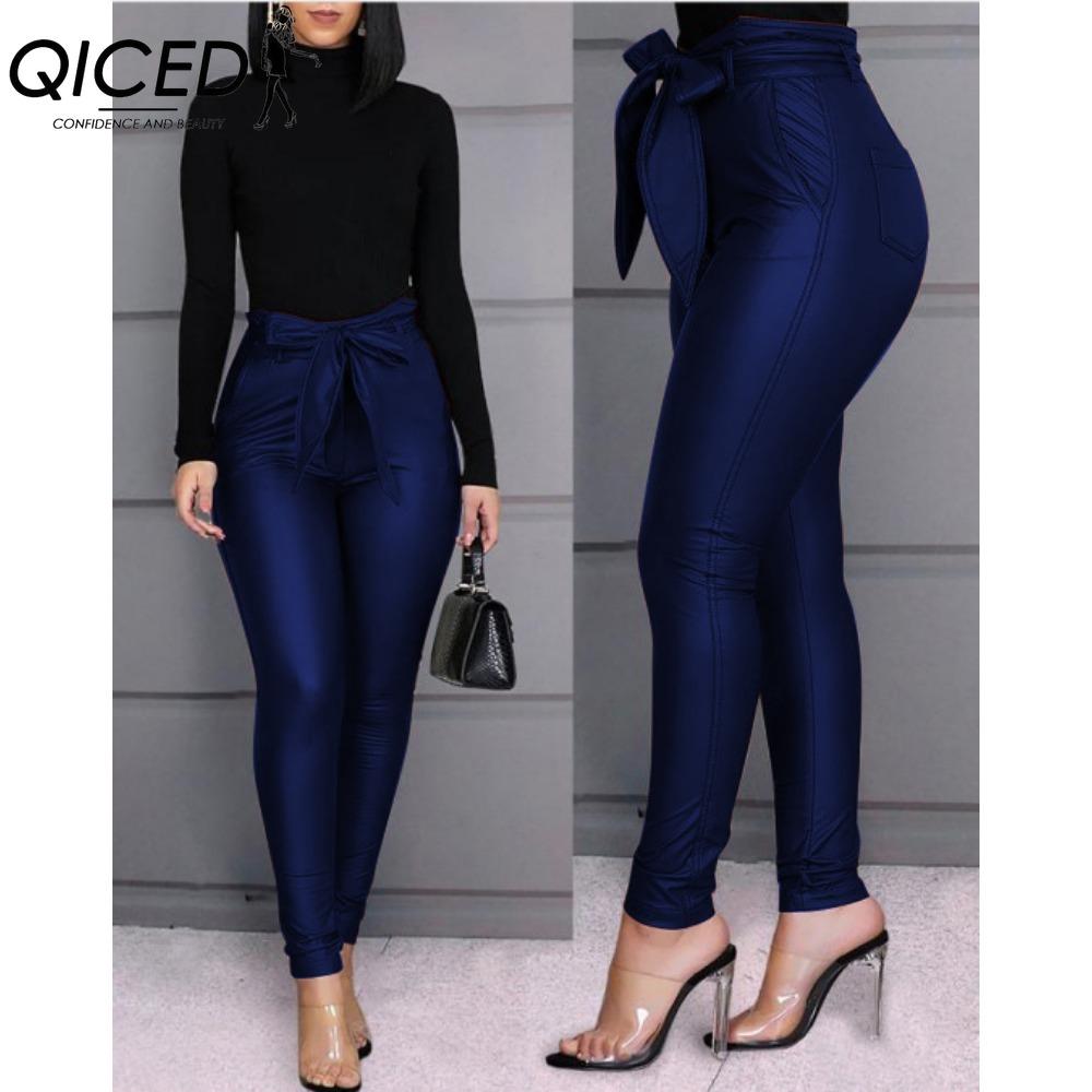 

QICED Женские брюки из искусственной кожи с высокой талией, узкие леггинсы-джеггинсы, облегающие брюки с поясом XXXL темно-синий