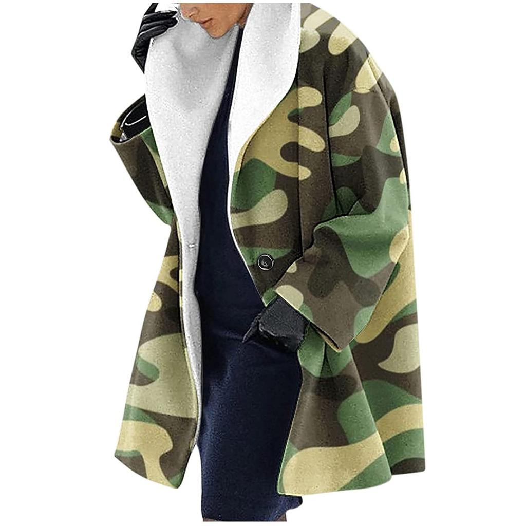 Women's Thick Woolen Cloth Ethnic Printed Hooded Jacket Windbreaker Cardigan