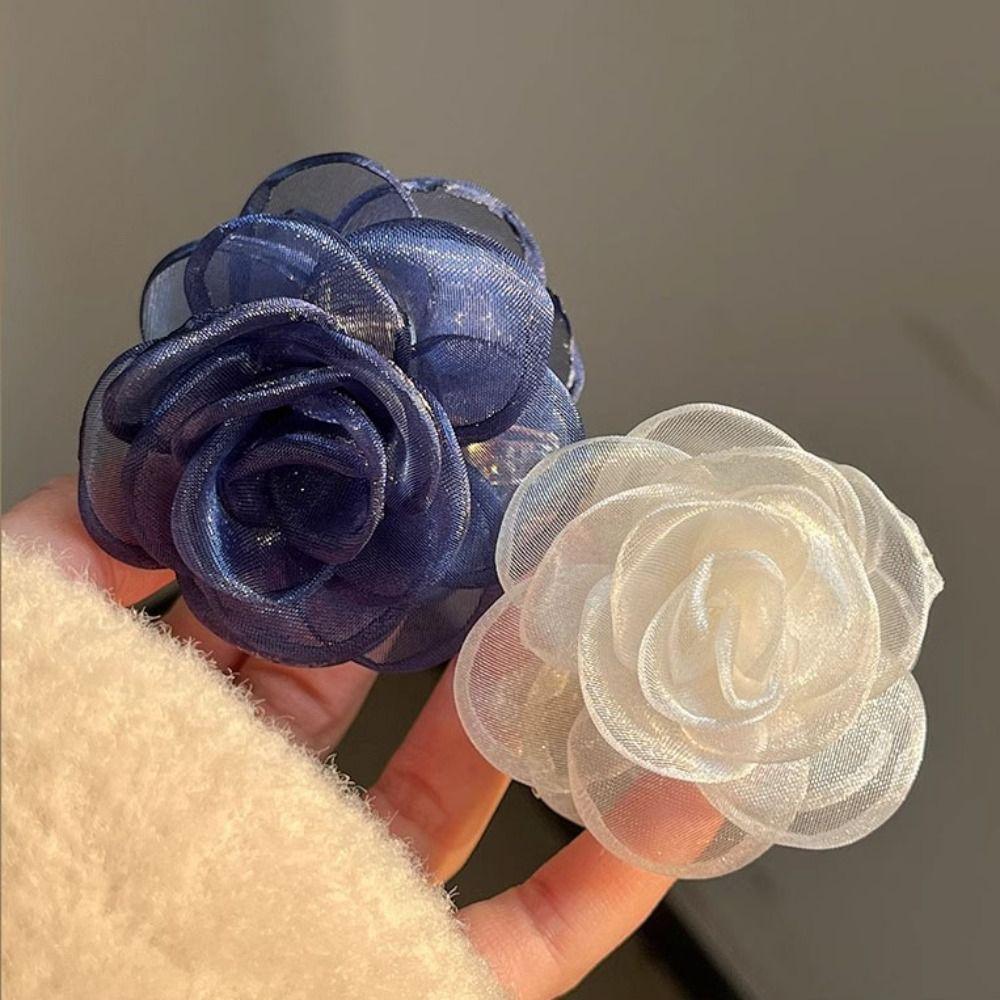 French Style Camellia Shark Clip Mesh Flower Claw Clip Cute Simulation Flower Hair Claw  Seaside