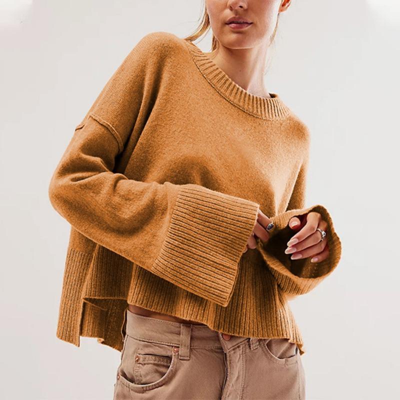 Women S Solid Color Round Neck Flare Sleeve Pullover Knit Sweater