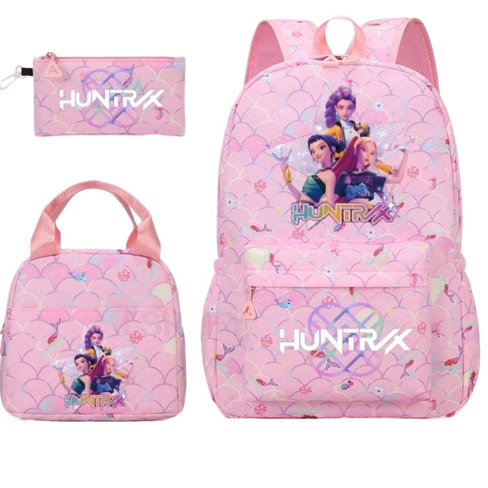KPOP Nylon 3 Piece Set School Backpack for Students with Cartoon Print Air Cushion Design