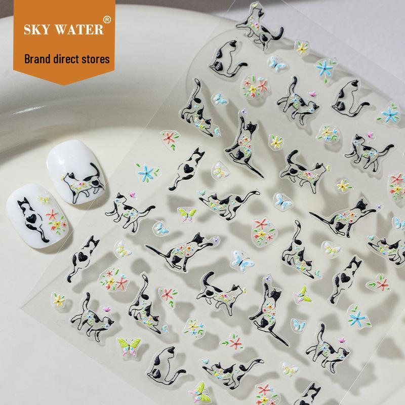 SKY Summer Floral & Wild Grass Cute Cat 6D Embossed Nail Art Stickers