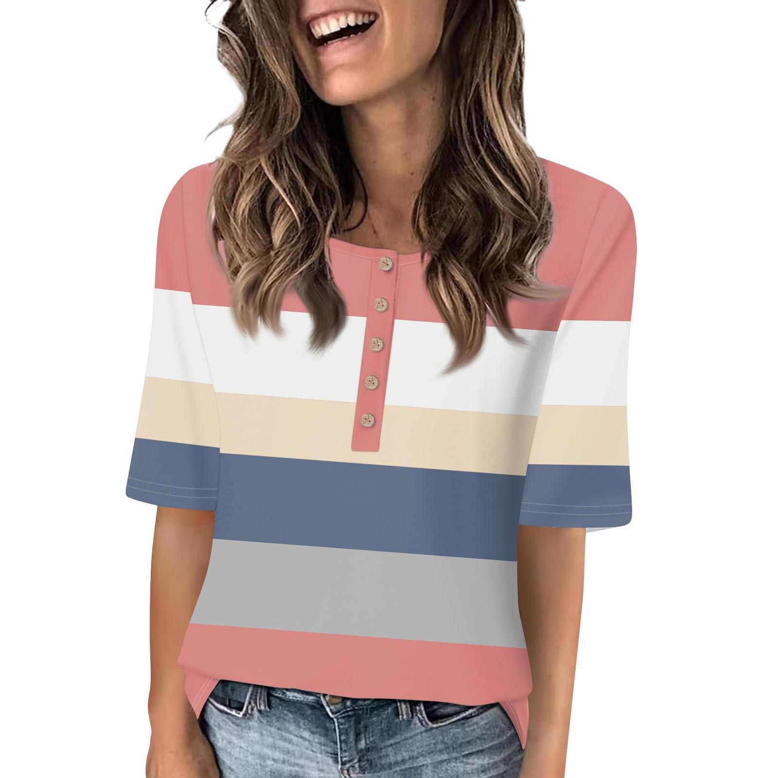 

Рубашки для женщин, модные футболки с круглым вырезом и пуговицами, повседневные летние футболки с принтом, футболка, блузка, топы с короткими рукавами для женщин XXXL розовый