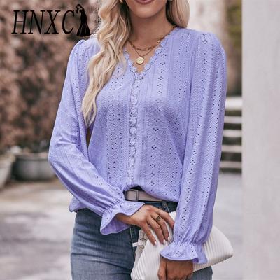 Women's Fashion Casual Spring Autumn Solid Color Print Long Sleeve V-Neck Blouses & Shirts