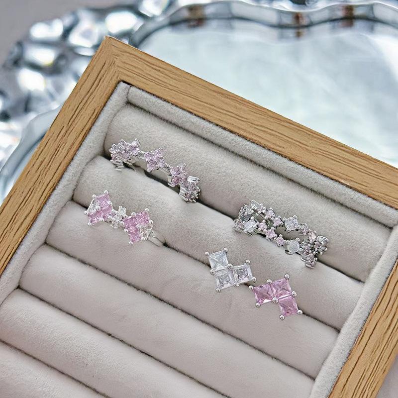 Pink Rhombus Zir*****Pen Ring, Women'S Personality Light Luxury Niche High Sense Exquisite Design Index Finger Ring