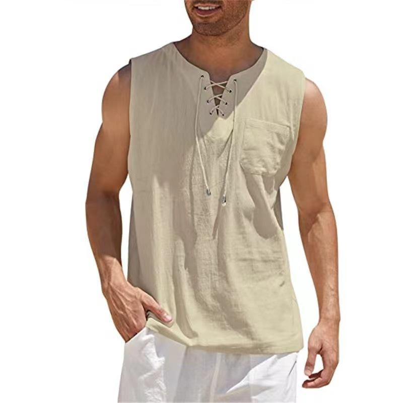 Gilet Casual da Uomo Senza Maniche in Cotone e Lino con Scollo a V Allacciato e Tasca Frontale