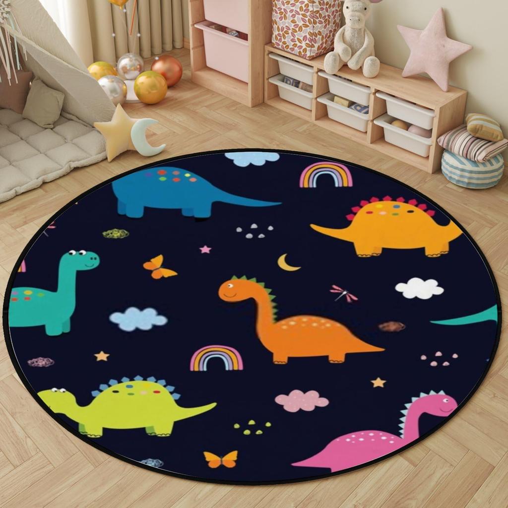 Cartoon Dinosaur Round Carpet Cute Dino Circle Rug for Living Room Playroom Office Laundry Decor Non-slip Comfort Play Yoga Mat