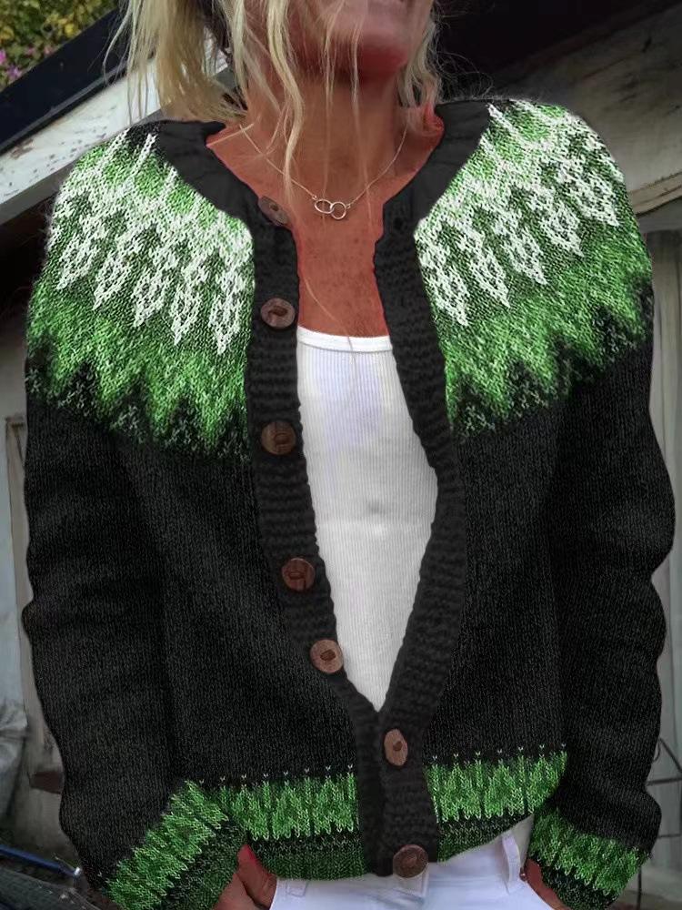 Women's Pink V-Neck Knit Cardigan with Jacquard Floral Pattern