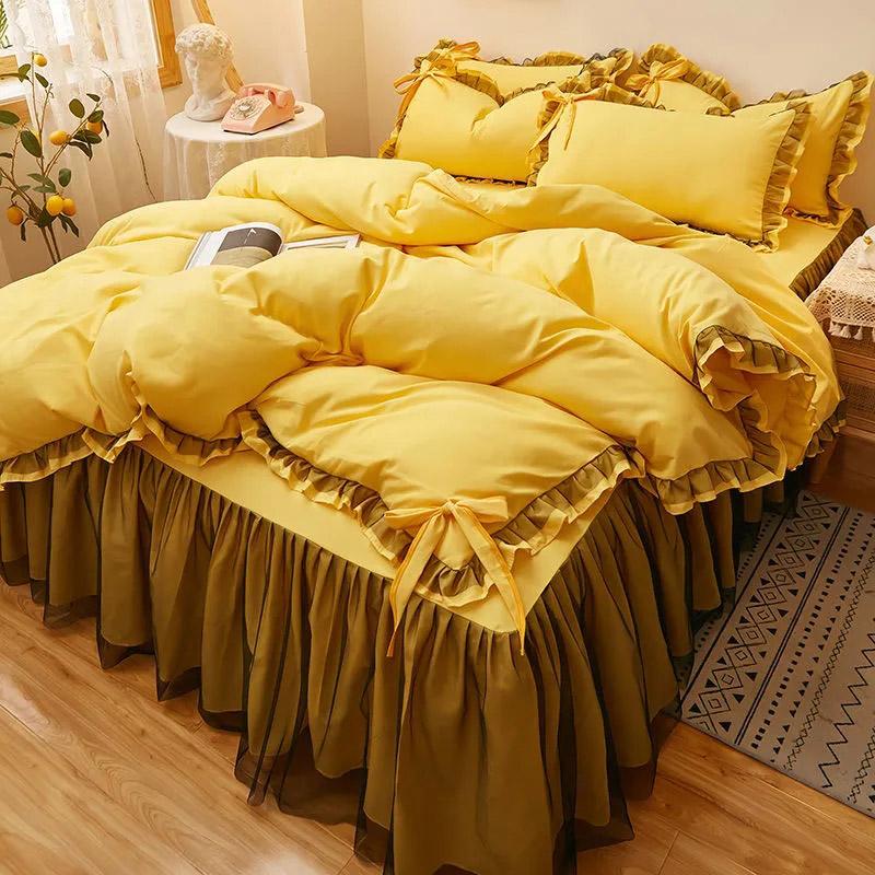 4pcs/set Korean Version Thickened Brushed Four-piece Sets Non-slip Bedspread Lace Ruffled Bed Skirt Princess Style Bedding Set