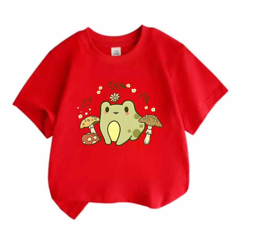 Kids Boys Girls 100% Cotton Crew Neck Short Sleeve T-Shirt, Cute Cartoon Frog with Flower Mushroom Print Casual Soft Summer Tee for Children Daily Wea