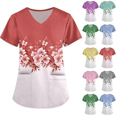 Women's Cute Printed Work Clothes V-neck Double Layer Pockets Basic Short Sleeve Top Pullover Valentines