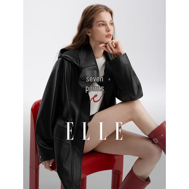 ELLE Modern Hooded Faux Leather Trench Coat for Women M