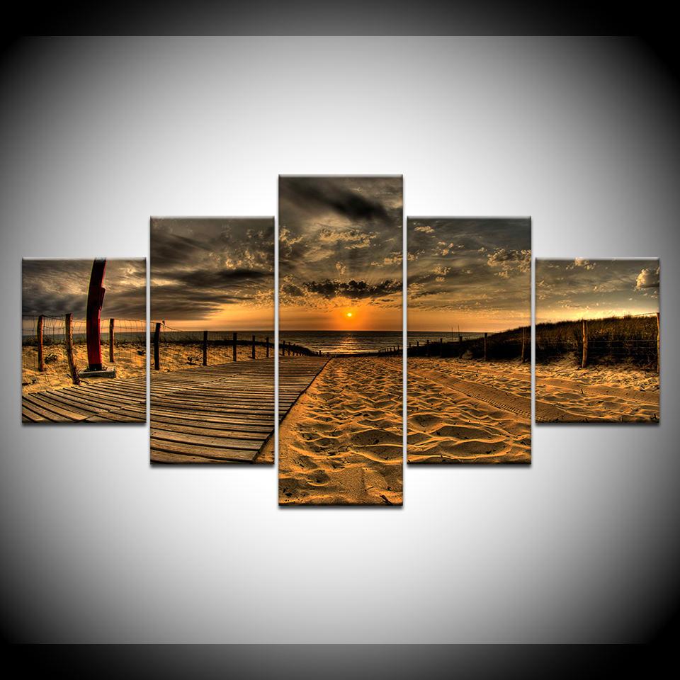 Sunset dark beach 5 Piece HD Wallpapers Art Canvas Print modern Poster Modular art painting for living room Home Decor