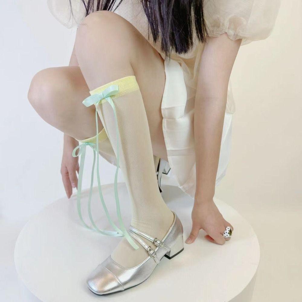 

Spring And Summer Ribbon Bow Socks Korean Silk Stockings Balletcore Calf Socks Women Y2K Hosiery чёрный