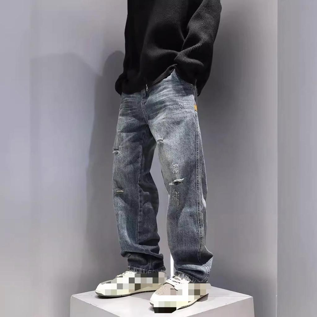 Men's Baggy Ripped Jeans Fashion Hip Hop Hole Streetwear Distressed Washed Trousers Straight Loose American Denim Pants